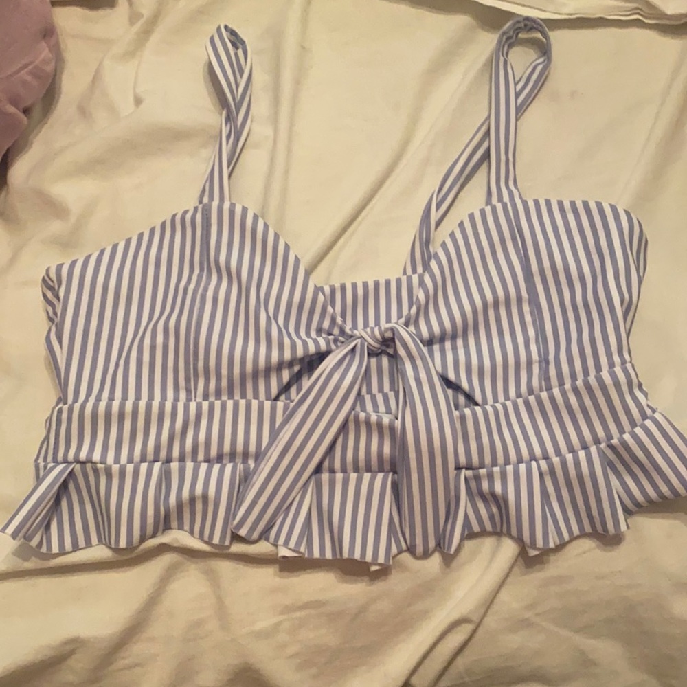 Blue and white striped bathing suit